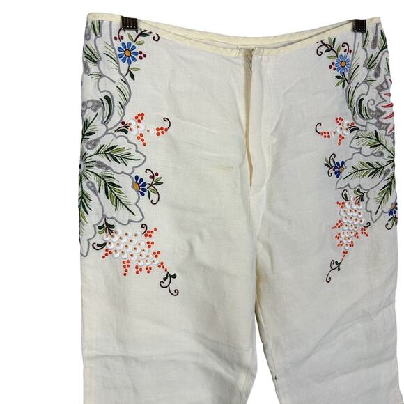 Vintage 1960s White Linen Floral Embroidered Cropped Capri Pants XS - Picture 3 of 6